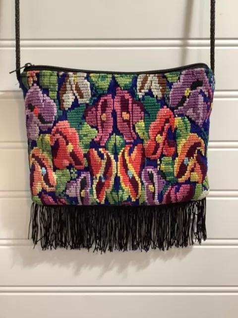 Women’s Vintage Guatemala Boho Tapestry Fringe Small Zippered Purse Handbag