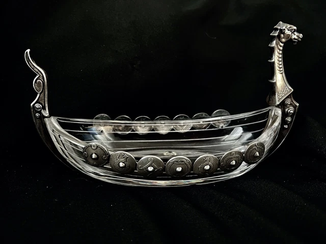 Vintage Sterling Silver & Hawkes Cut Glass Boat Dish Dragon on Front 9in