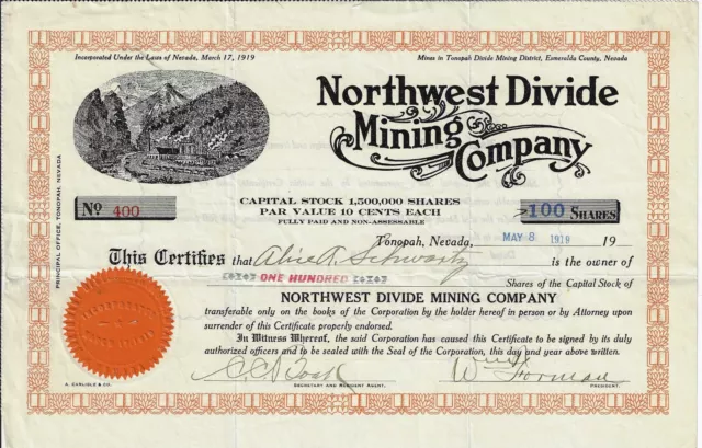 NEVADA 1919 Northwest Divide Mining Company Stock Certificate Tonopah