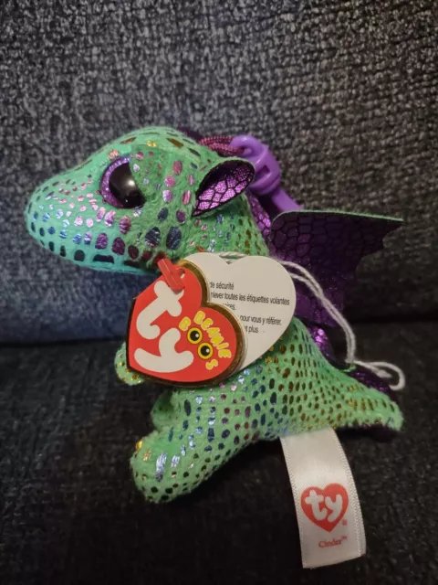 Ty Beanie Boos Cinder the Green Dragon Glitter Eyes Key Chain/ Clip w/tags