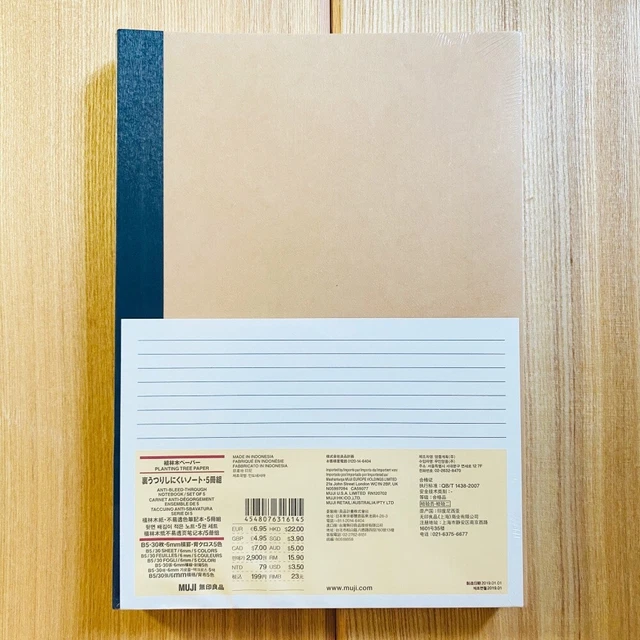 MUJI Notebook B5 6mm Ruled 30 Sheets x 5 Books / Pack 無印良品 植林木不易透色筆記本 B5.橫線