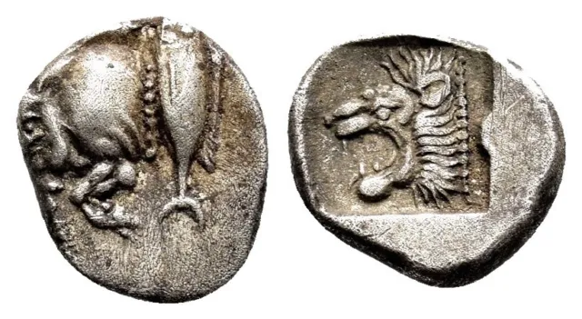 *AET* KYZIKOS (Mysia) AR Diobol. VF+. Circa 480 BC. Boar, Tunny and Lion.