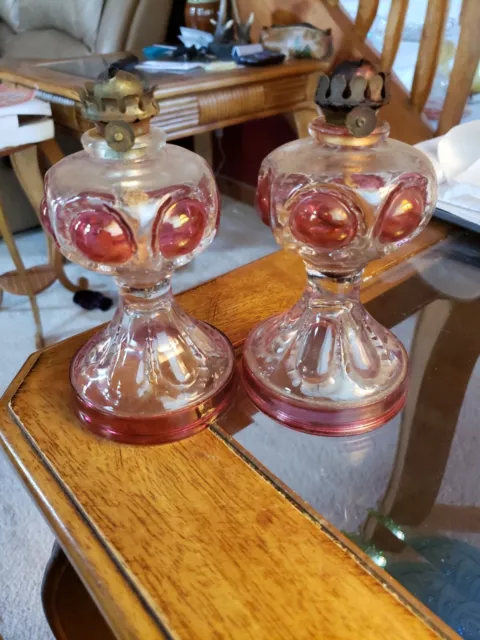 A Pair OF Vintage Ruby/Clear Glass Kings Crown Mini Oil Lamps