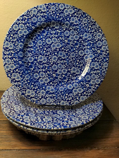 Set of 4 Queens Churchill Victorian CALICO BLUE Floral Dinner Plates England EUC