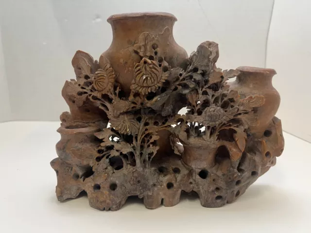 Antique VTG Hand Carved Chinese Soapstone Flower Decor w/ Vases