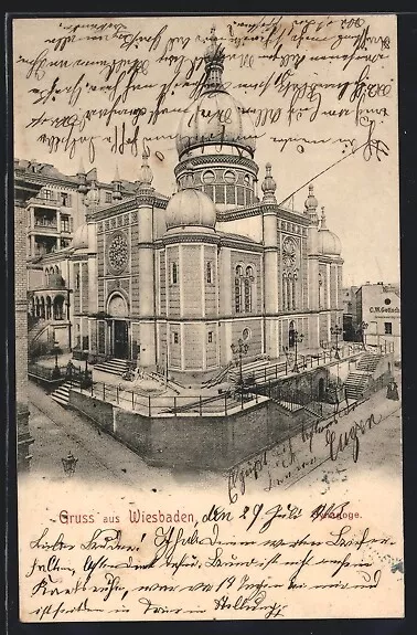 Wiesbaden, Synagoge im Sonnenschein, Ansichtskarte 1903