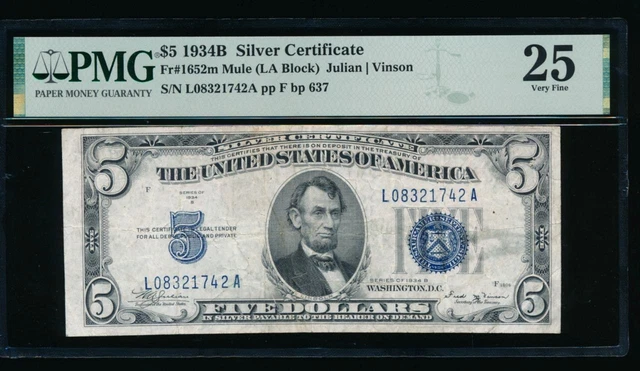 AC 1934B $5 Silver Certificate PMG 25 comment mule late back plate 637 Fr 1652