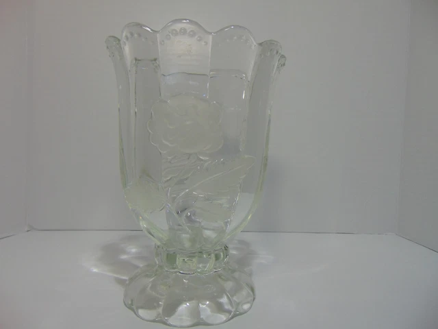 Crystal Vase Clear With Frosted Roses Footed 9" Very Heavy