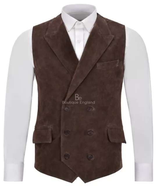 Mens Double Breasted Leather Waistcoat Suede Leather Lapel Vest Waistcoat 1642