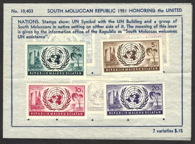 Indonesia South Moluccan Republic 1951 UN 7v on original sale sheets