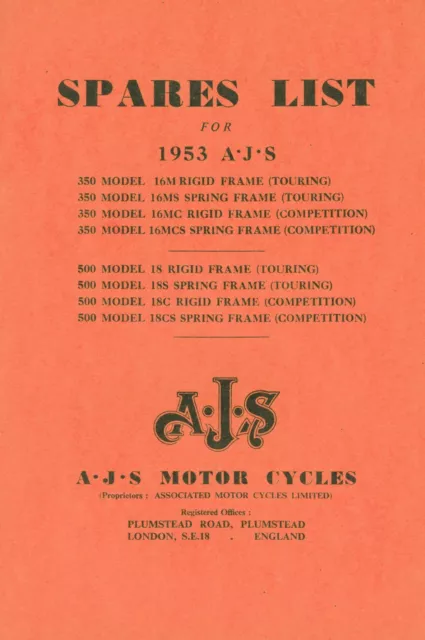 AJS 16 18CS Parts Book (MatchlessG3L) Rigid & Spring Frame Illustrated 1953