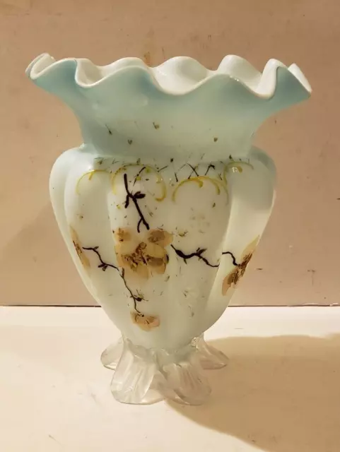 Fenton Hand Painted Blown Glass Bottom Milk Gass Fluted Top Vase