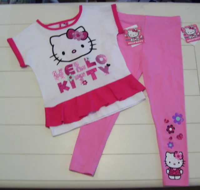 Girls Hello Kitty 2 Pc Pink White Glitter Sparkle Shirt & Leggings Outfit Sz 4
