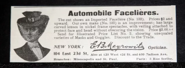 1902 Old Magazine Print Ad, Imported Automobile Facelieres, Masks And Goggles!