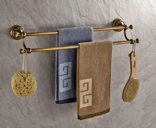 Antique Brass Art Carved Wall Mount Bathroom Double Towel Bar Gba483