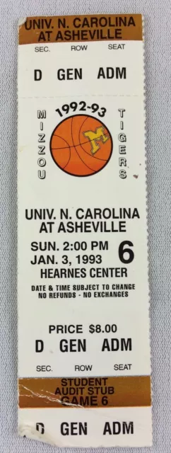 1993 01/03 North Carolina at Asheville at Missouri Tigers Basketball Full Ticket