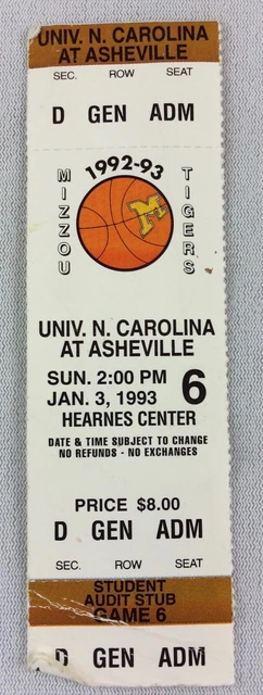 1993 01/03 North Carolina at Asheville at Missouri Tigers Basketball Full Ticket