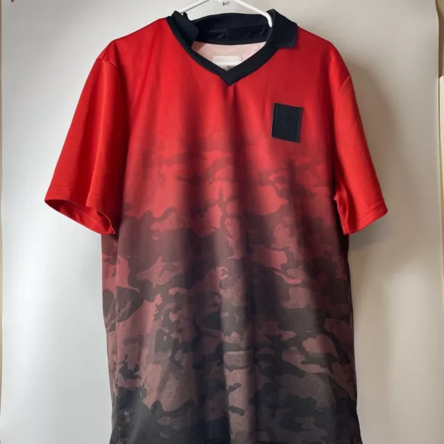 Puma Mens Trapstar Soccer T Shirt Red Black Camouflage V Neck Short Sleeve XL