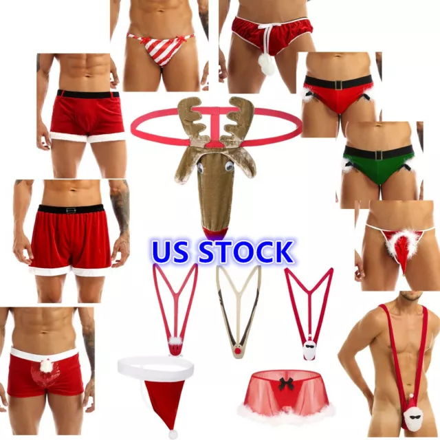 US Sexy Men's Christmas Hat /Reindeer Mankini Thong Boxer Brief Party Underwear