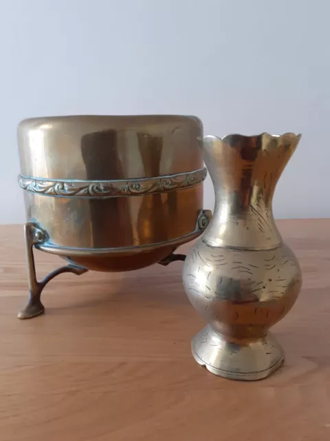 Antique Or Vintage Brass Art Nouveau Style Plant Pot, And Patterned Vase