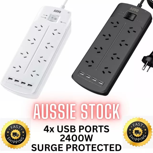 8 Way Power Board Outlet with 4 USB Ports Charger Sockets Surge Protected 2400W