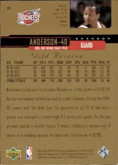 1999-00 Upper Deck Gold Reserve #80 Shandon Anderson Houston Rockets Basketball 2