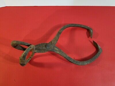 ANTIQUE Hand FORGED Iron ICE Block FARM Hay TONGS Primitive TOOL Wide 12"GRABBER