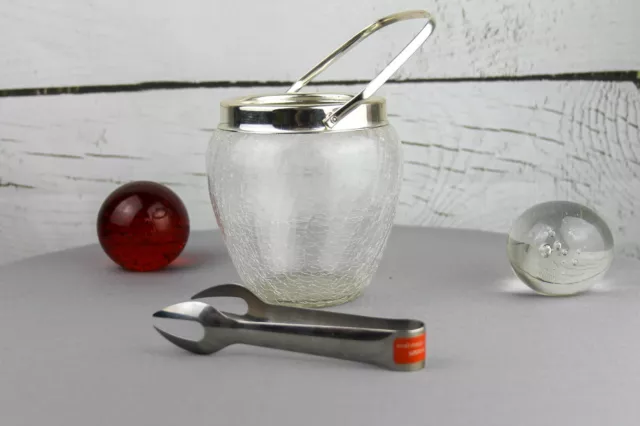 TRUE VINTAGE Quist Glas Eiswürfeleimer mit Edelstahl Eiszange 1970er Jahre