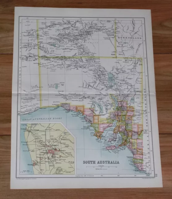 1909 Antique Map Of South Australia / Adelaide Inset Map
