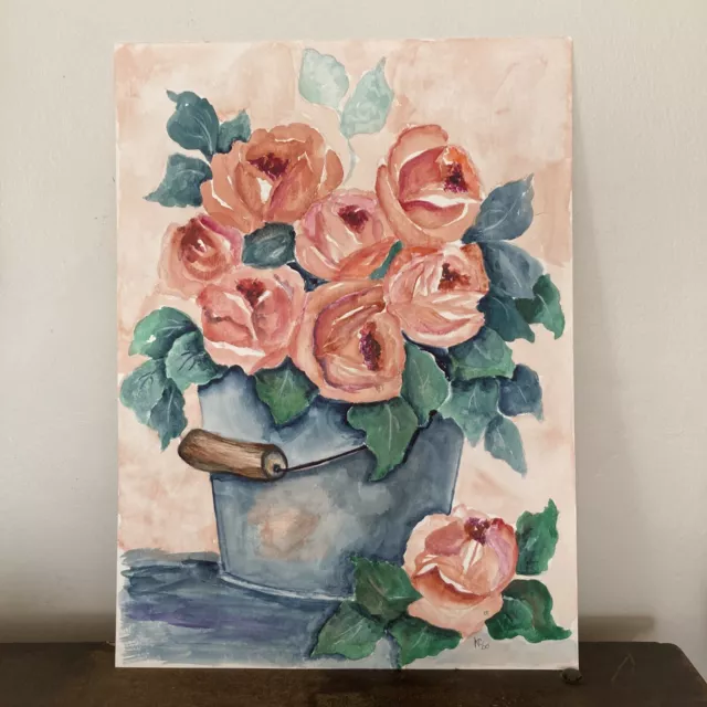 Original Watercolor Painting Roses in Pail Coral Pink Vintage 11 x 15 Signed