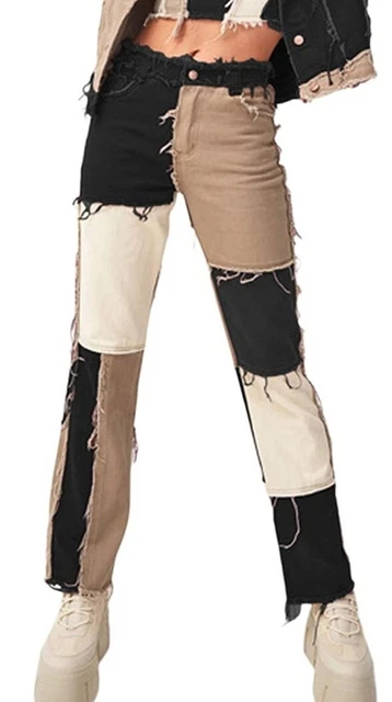 JEANS Women Patchwork Pants A-Line High Waist Raw Edge Pencil Denim L NEW #F