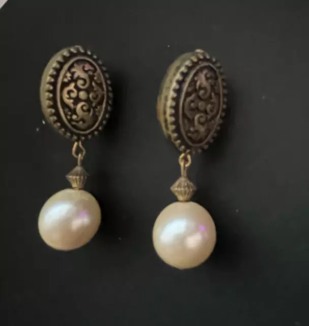 XL Faux pearl stud earrings gold metal filigree 2" long approx 12 mm faux pearls