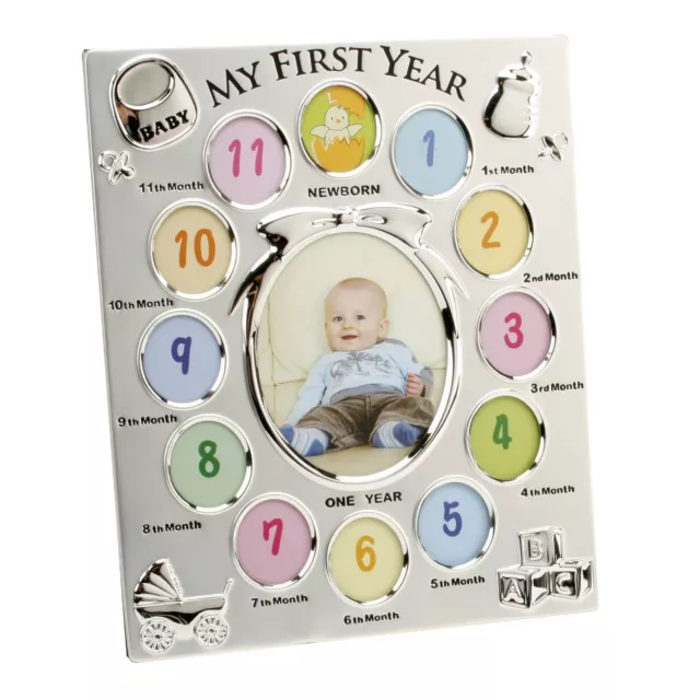 First Year Baby Photo Frame Silver Plated 12 Months Christening Gift Set Newborn