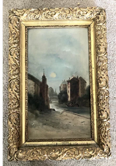 Antique Oil Painting! Old Canvas GONDOLA RIVER BEAUTIFUL Gold Frame Rare VINTAGE