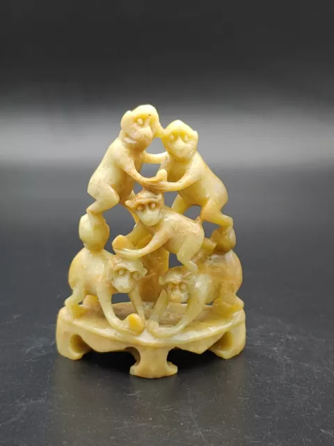 民国青田石雕群猴献瑞桃 Antique China Art Qingtian Stone Statue Figurine Monkeys Give Peachs