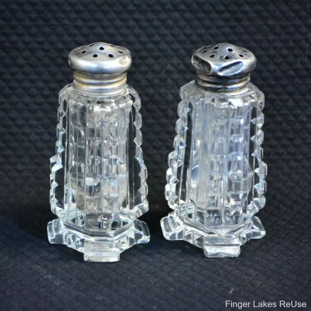 Set 2 Antique Cut Crystal Sterling Silver Caps Salt Pepper Shakers