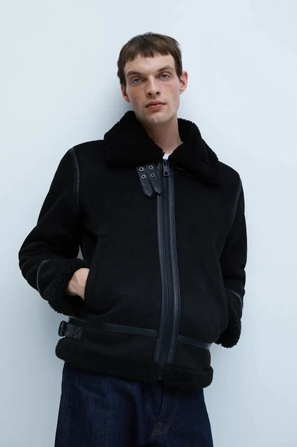 ZARA MENS BLACK Faux Shearling Borg Biker Jacket Winter Coat Medium 34.99 PicClick UK