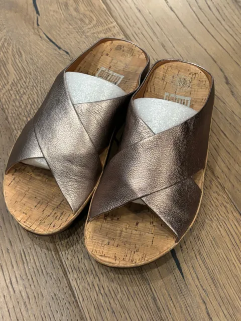 Fitflop KYS E31 012 Bronze Leather Criss Cross Strap Slide Cork Sandals Size 7