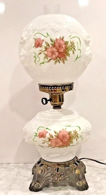 21" hand painted GWTW Lamp - Electrified Tri-light Milk Glass Embossed roses