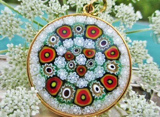 Pendentif Ancien En Verre De Murano - Monture Argent 925 Doré à L'or - Style Rond - Occasion Bon état