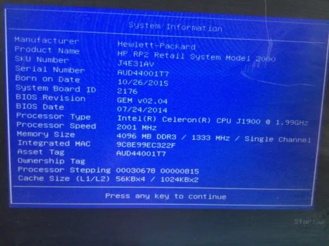 HP Retail System Model 2000 W/intel J1900 1.99Ghz/4GB Ram/No HDD/Ac Power