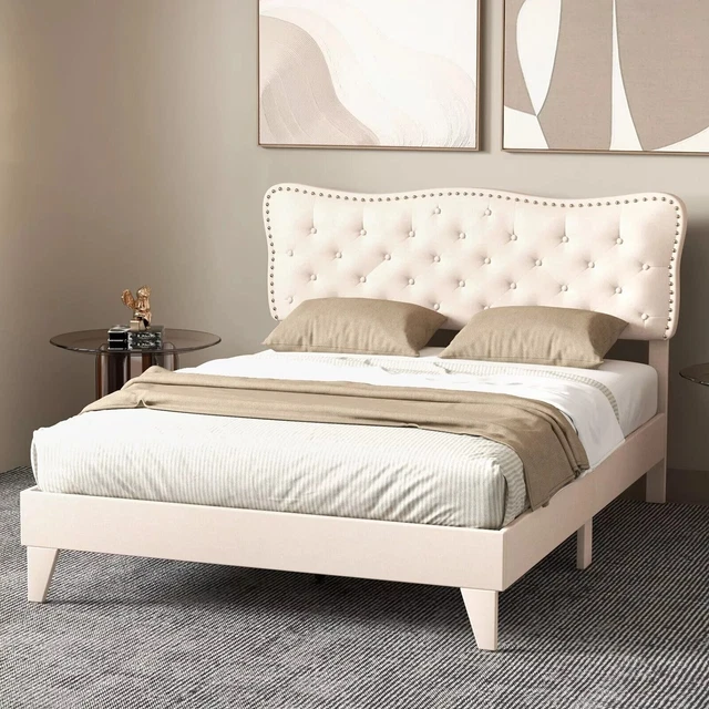 KING SIZE BED Frame Wooden Slat Bed Platform Upholstered Button Tufted
