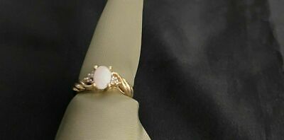 14k Heavy Yellow Gold Over Silver Ring Opal and Diamonds Ring d971
