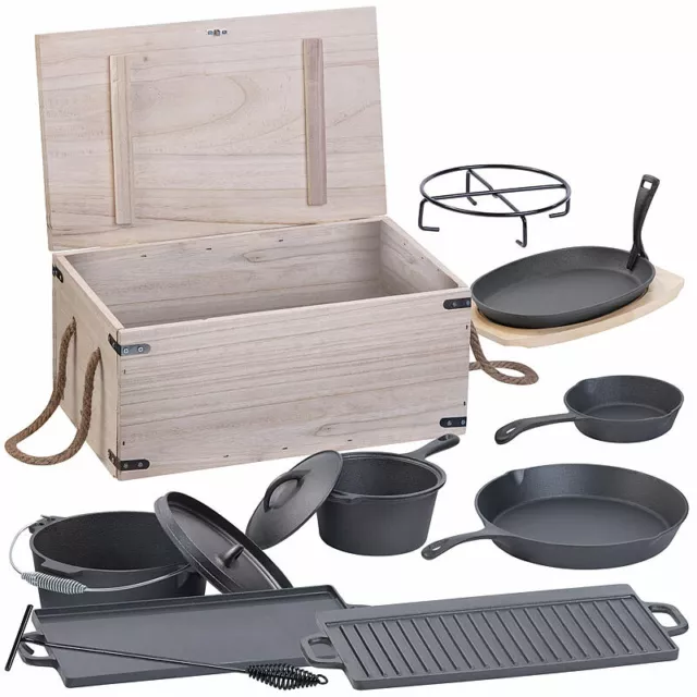 Semptec 9-teiliges Gusseisen-Dutch-Oven-Set mit Aufbewahrungskiste aus Holz