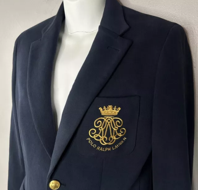 $398 Ralph Lauren 4 Navy Blue Crest Blazer Jacket RRL VtG Preppy Coat Gold Crown