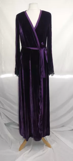 I.d. Sarrieri Full Length Silk Blend Purple Velvet Lace Trim Robe Uk 10