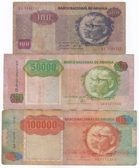 Angola,100000,5000,100," Lot of 3 " Différents Denomination,Billets de Banque