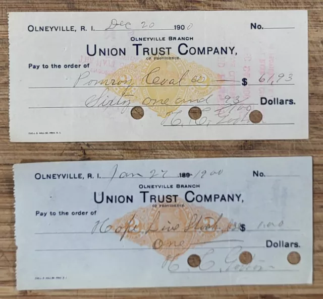 1900 Bank Check  Rhode Island Olneyville Union Trust Company x2 Checks Revenue
