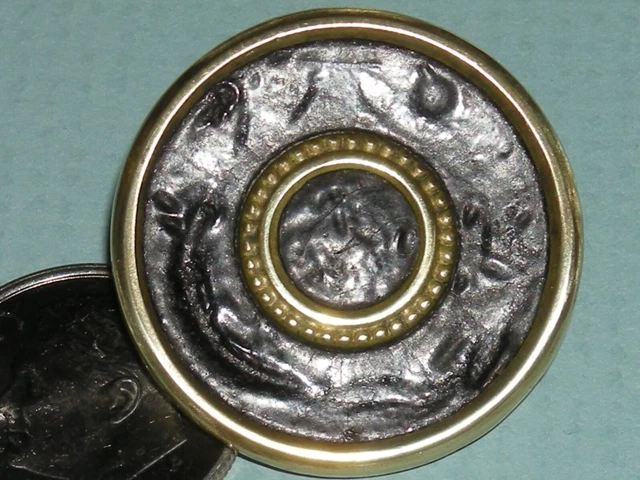 1" Large Antique BM "Fein Qual" Leather design Gilt Metal Shank Button
