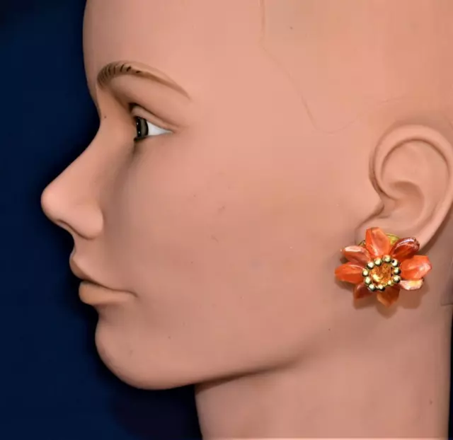 Vintage 50s Signé Hong Kong Doré Rose Plastique Fleur Forme avec Clip Oreilles